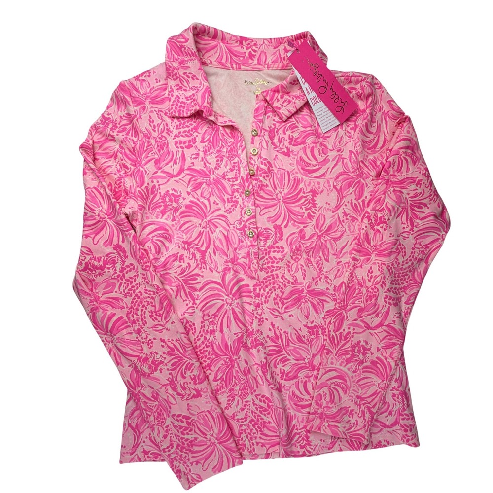 Lilly Pulitzer Reema Long Sleeve Top Pink Blossom Foxy Llama Floral Polo Medium